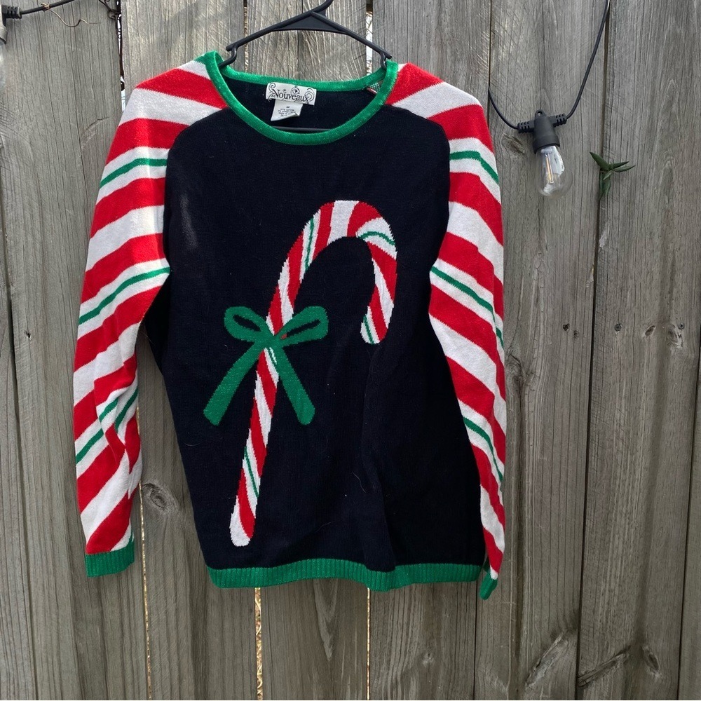 Nouveaux‎ Vintage Christmas Candy Cane Sweater Black Red White Striped Medium